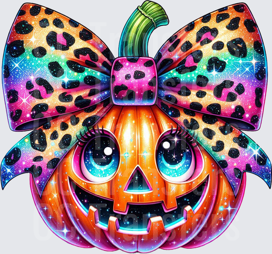 Glitter Rainbow Leopard Bow Jack-O-Lantern with Lashes (DTF)