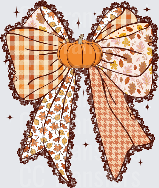 Fall Patchwork Bow with Pumpkin Center and Autumn Leaves (DTF)