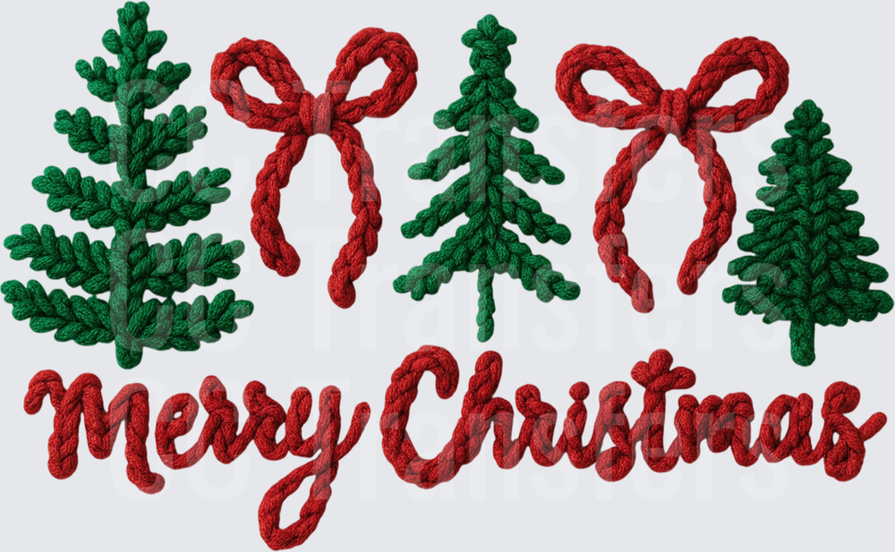 Knitted Merry Christmas Trees Red Bows Holiday (DTF)