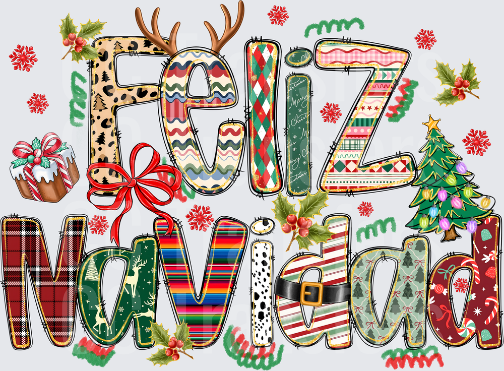 Feliz Navidad Patchwork Letters Christmas Holiday Design (DTF)