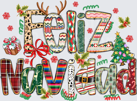 Feliz Navidad Patchwork Letters Christmas Holiday Design (DTF)