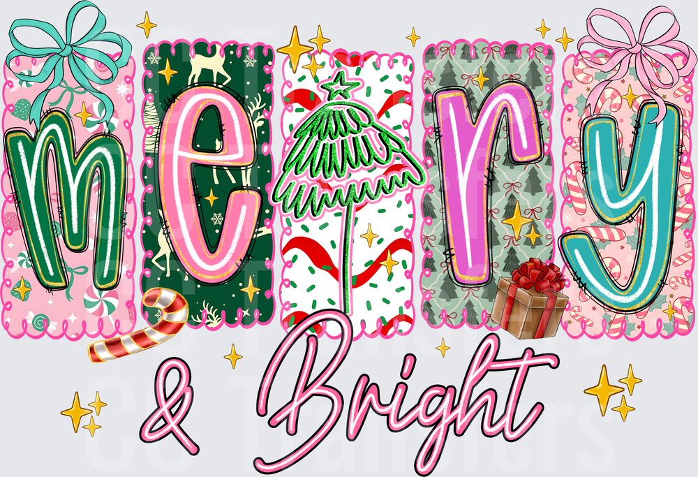Merry & Bright Colorful Patchwork Christmas Letters (DTF)