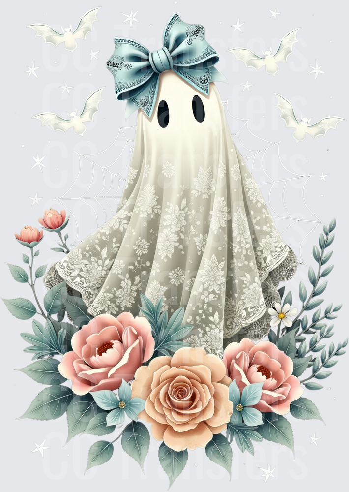 Floral Lace Ghost with Blue Bow and Bats (DTF)