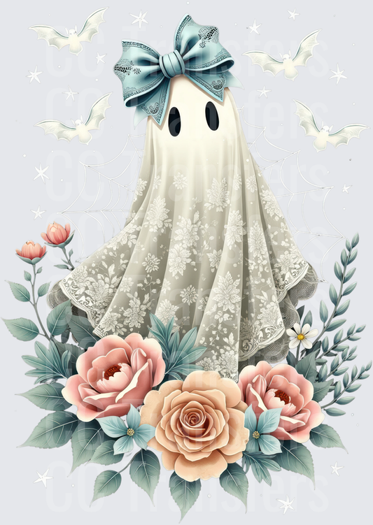 Floral Lace Ghost with Blue Bow and Bats (DTF)