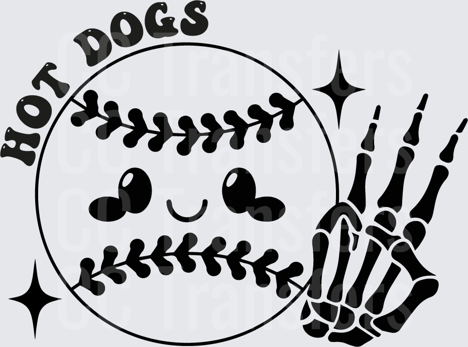 Hot Dogs Cute Baseball Face Skeleton Hand Sparkles (DTF)
