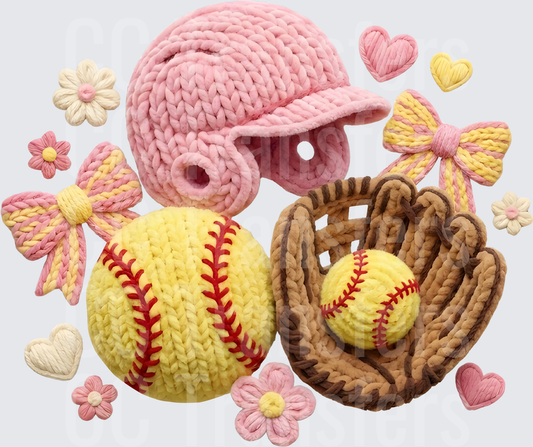 Crochet Softball Helmet Glove Bows Flowers Hearts (DTF)