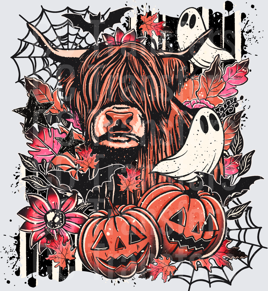 Halloween Highland Cow Ghosts Pumpkins Autumn Floral (DTF)