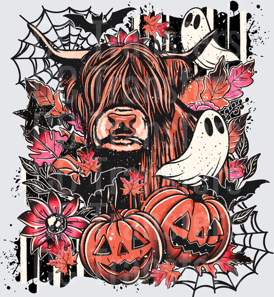 Halloween Highland Cow Ghosts Pumpkins Autumn Floral (DTF)