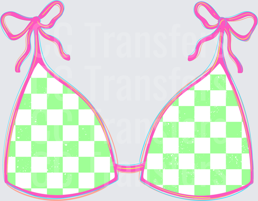 Green Checkered Bikini Top with Pink Bow Ties (DTF)
