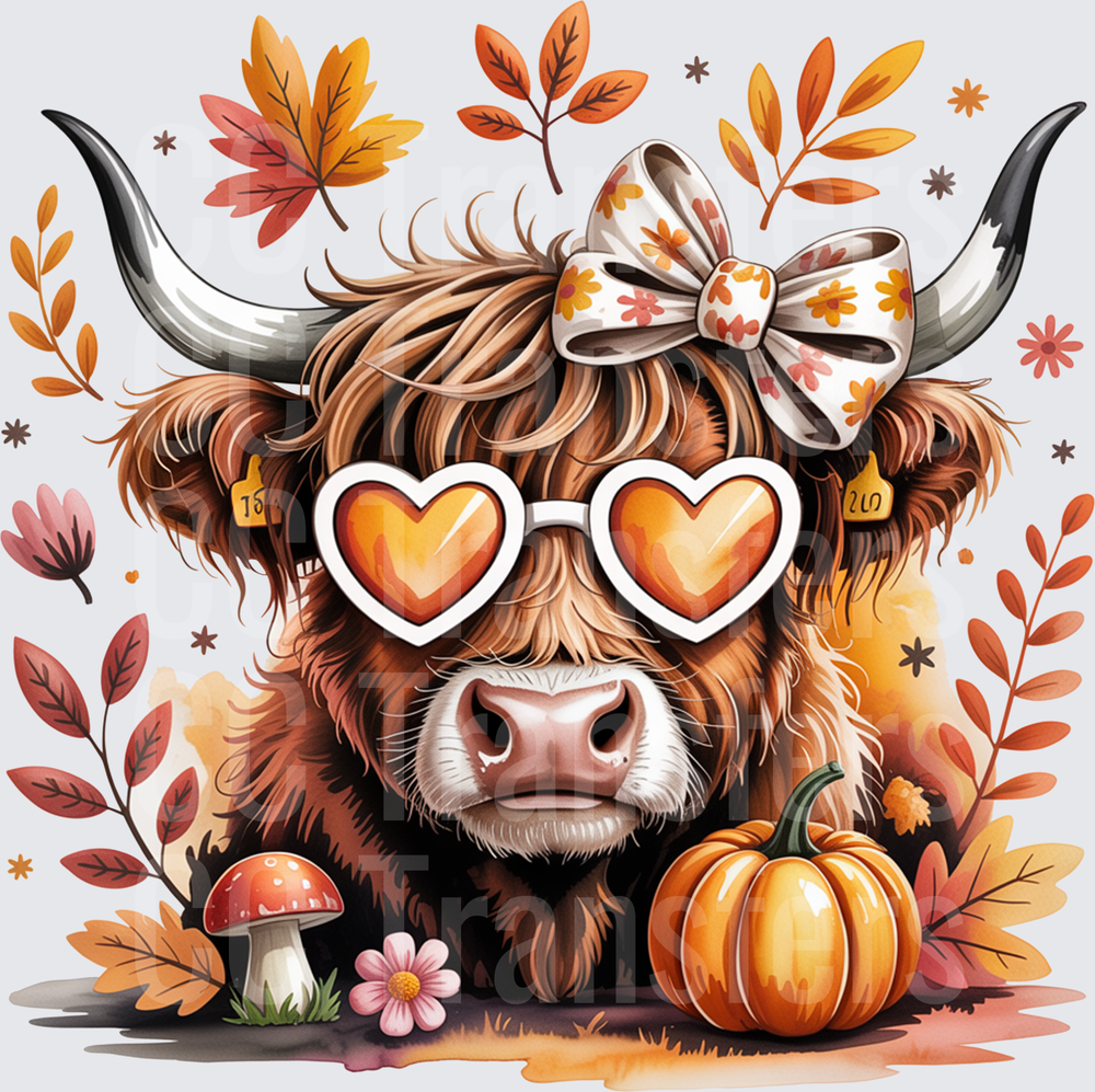 Cute Fall Highland Cow Heart Sunglasses Bow Pumpkin (DTF)