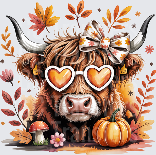 Cute Fall Highland Cow Heart Sunglasses Bow Pumpkin (DTF)