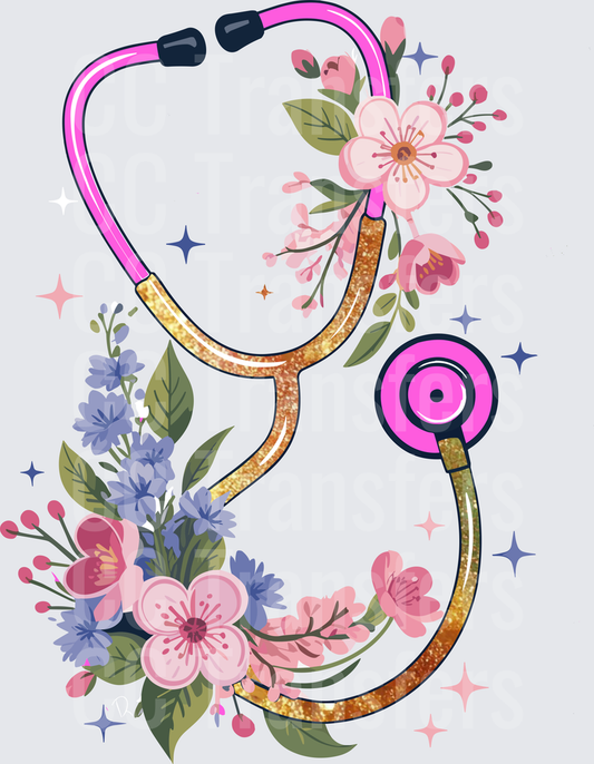 Floral Glitter Stethoscope Pink Gold Sparkle (DTF)