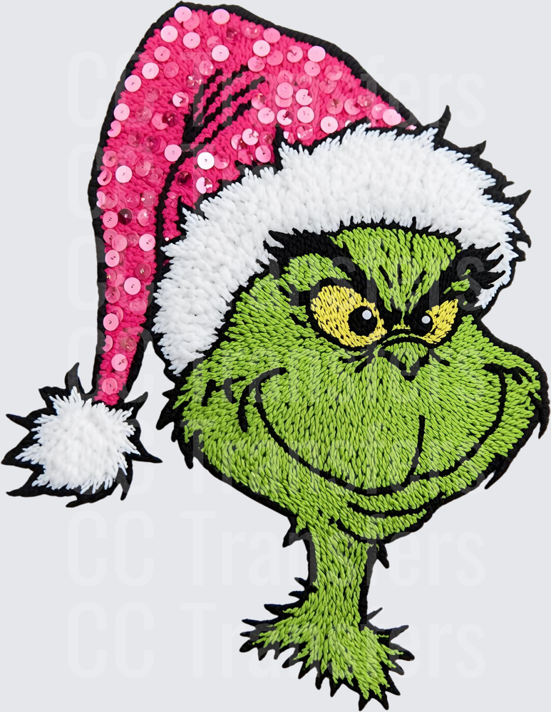 Grumpy Green Christmas Character Pink Sequin Santa Hat (DTF)