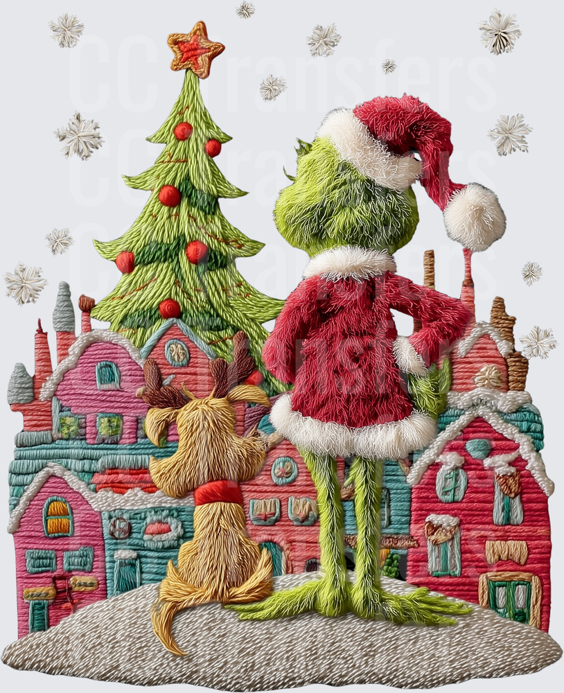 Embroidered Green Creature Santa Dog Whoville Christmas (DTF)