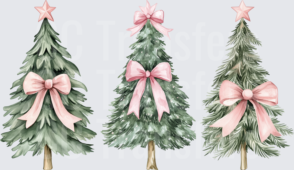 Watercolor Christmas Trees with Pink Bows and Stars (DTF)