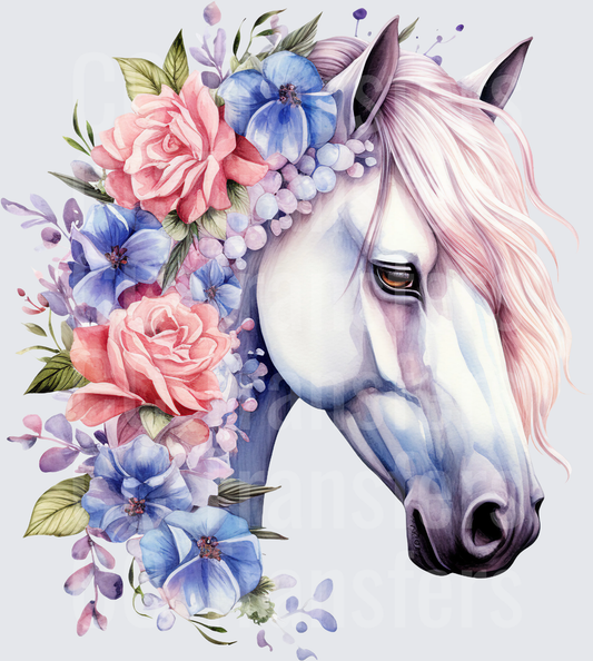 Watercolor White Horse with Pink Roses & Blue Florals (DTF)