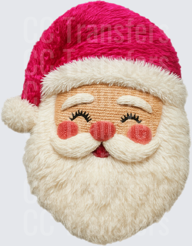 Fluffy Santa Face Pink Hat Winking Embroidered Style (DTF)