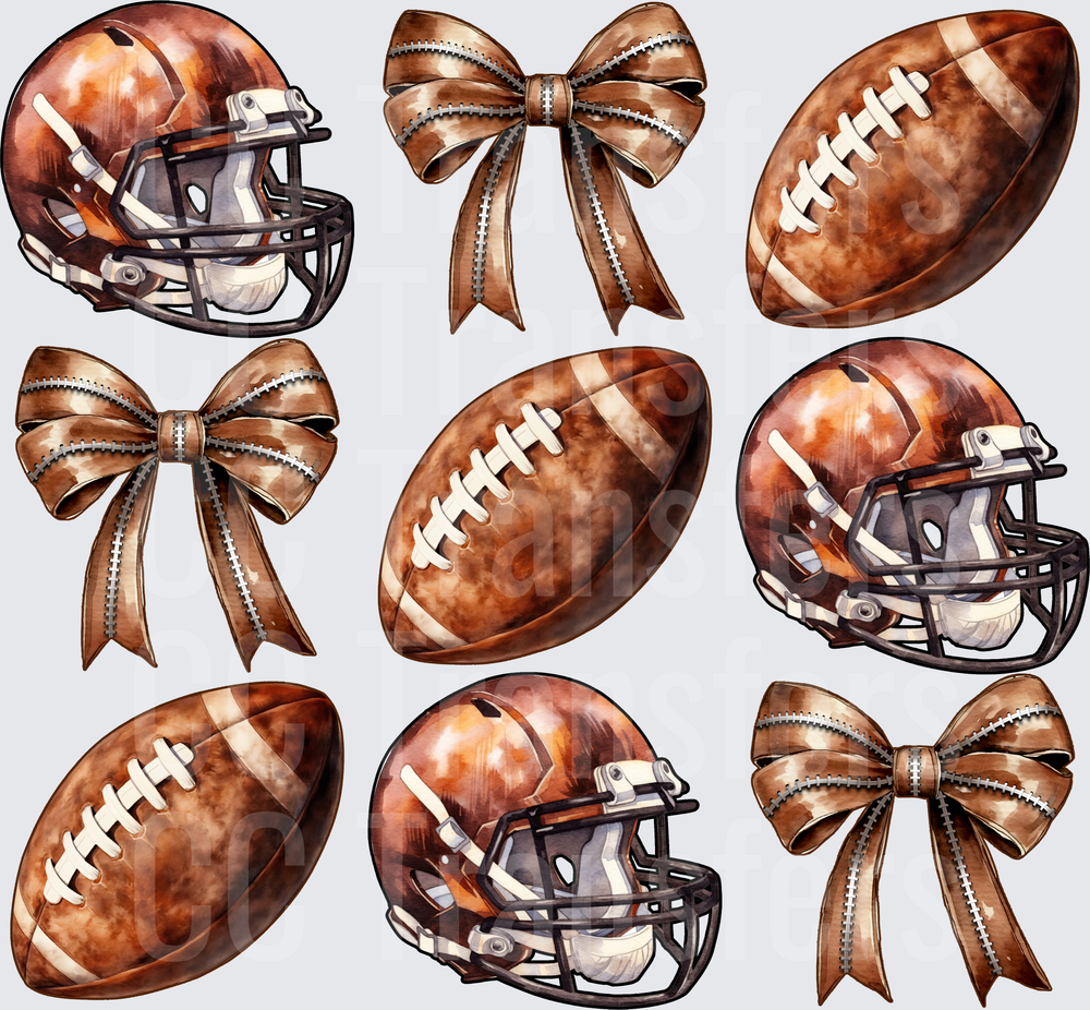 Watercolor Football Helmets Balls and Bows Bundle (DTF)