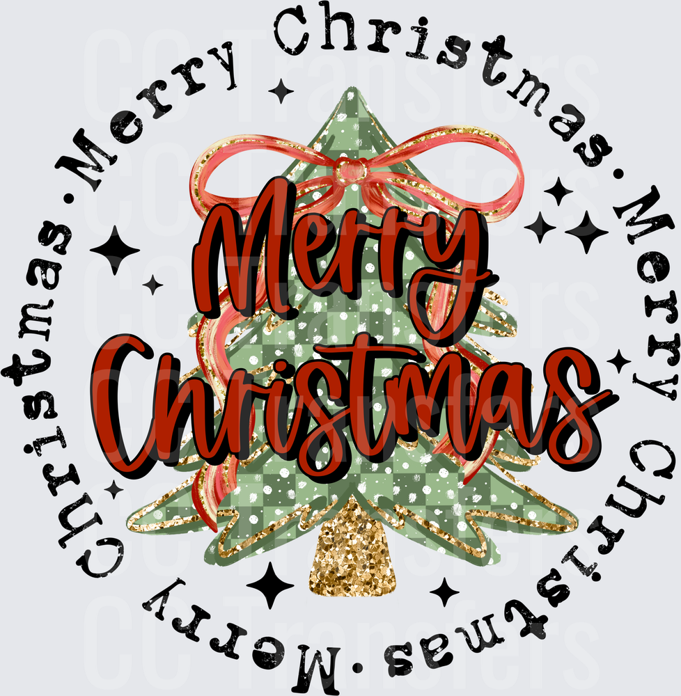 Merry Christmas Tree Gold Glitter Red Bow Circle (DTF)