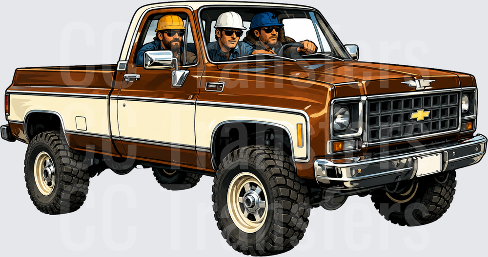 Three Construction Workers Riding Classic Lifted Truck (DTF)