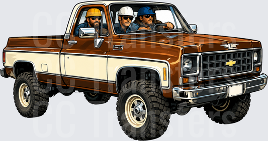 Three Construction Workers Riding Classic Lifted Truck (DTF)