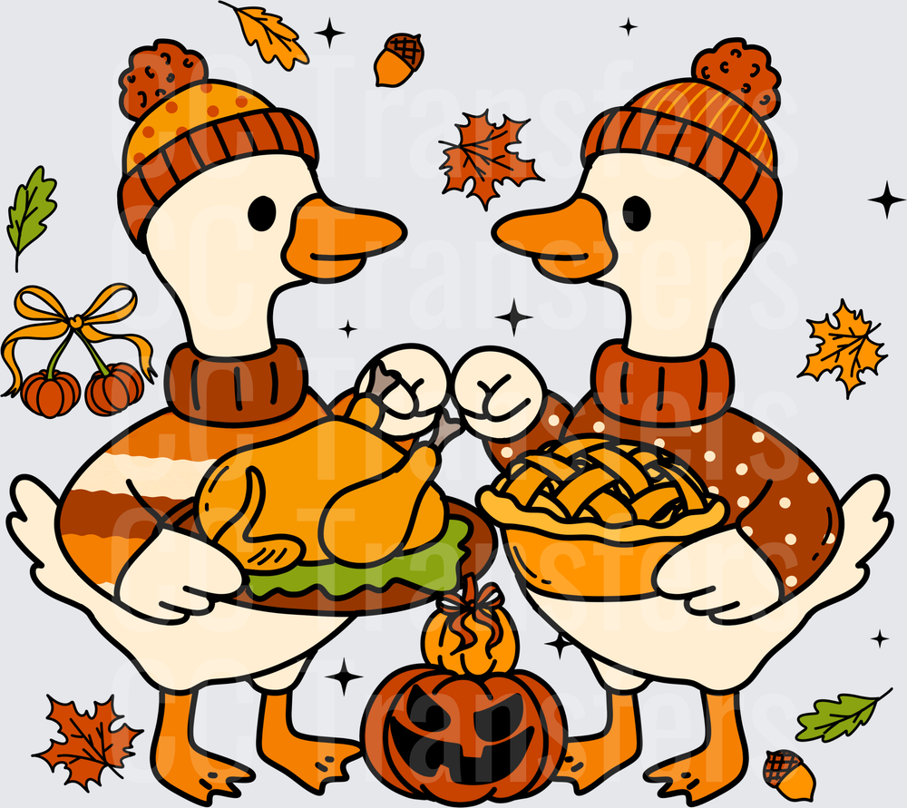 Thanksgiving Ducks in Beanies with Turkey and Pie (DTF)