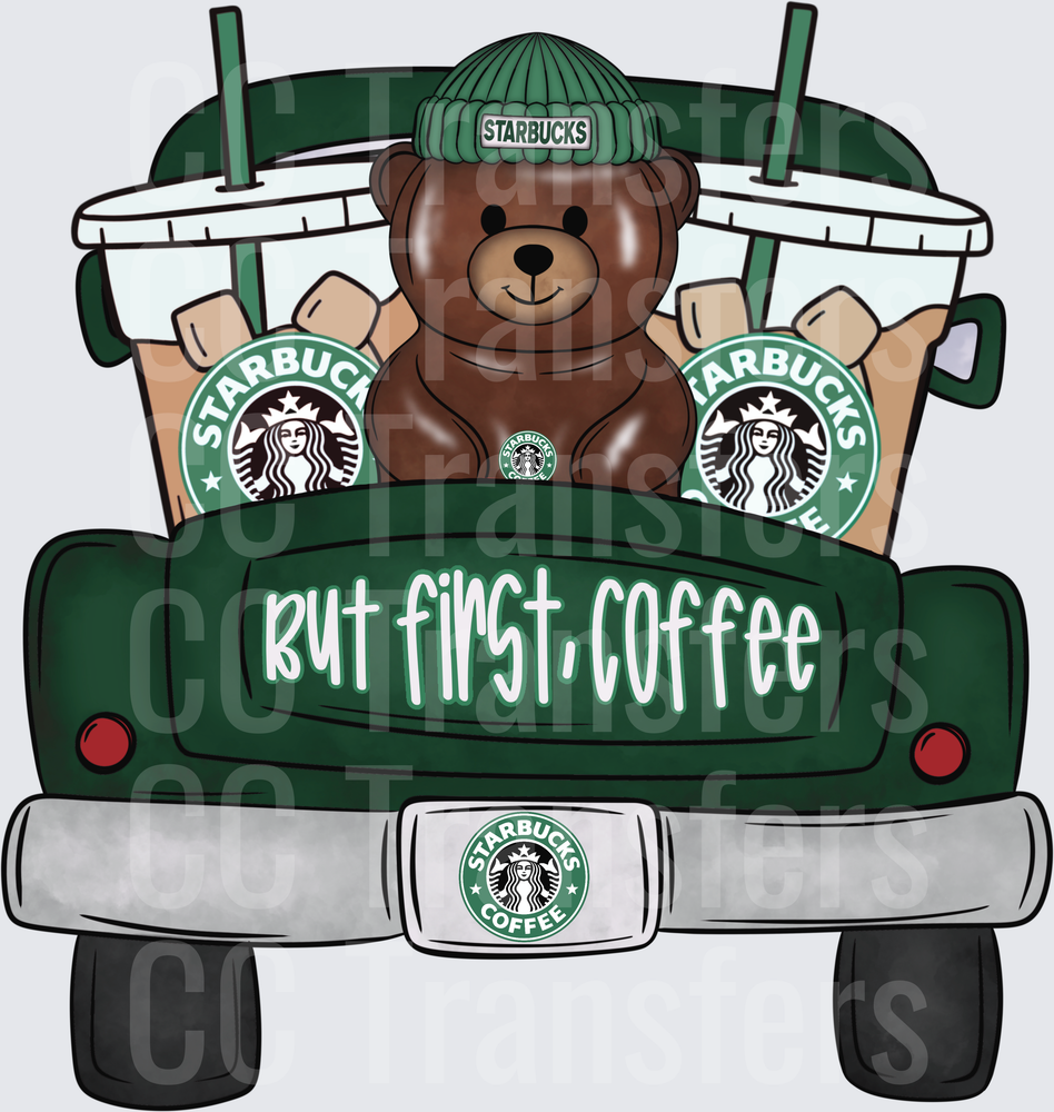 Cute Bear in Beanie But First Coffee Green Truck (DTF)