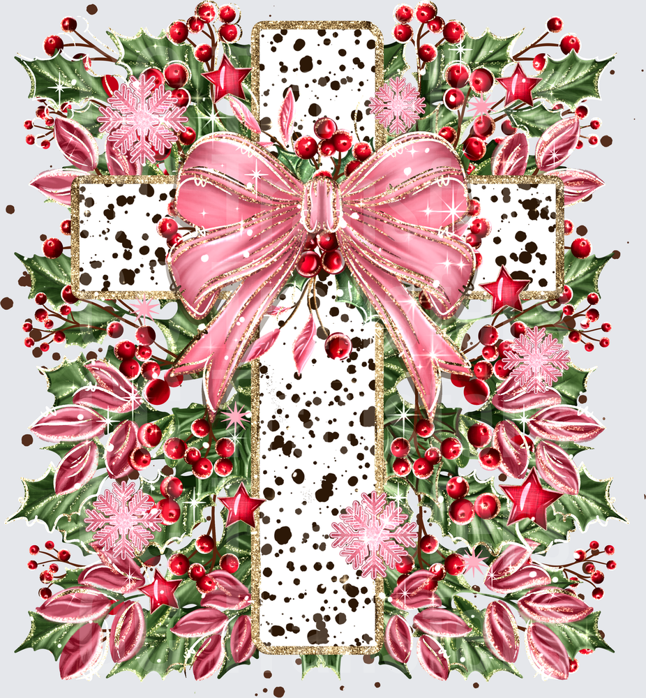 Christmas Holly Cross Pink Bow Cowhide Glitter (DTF)