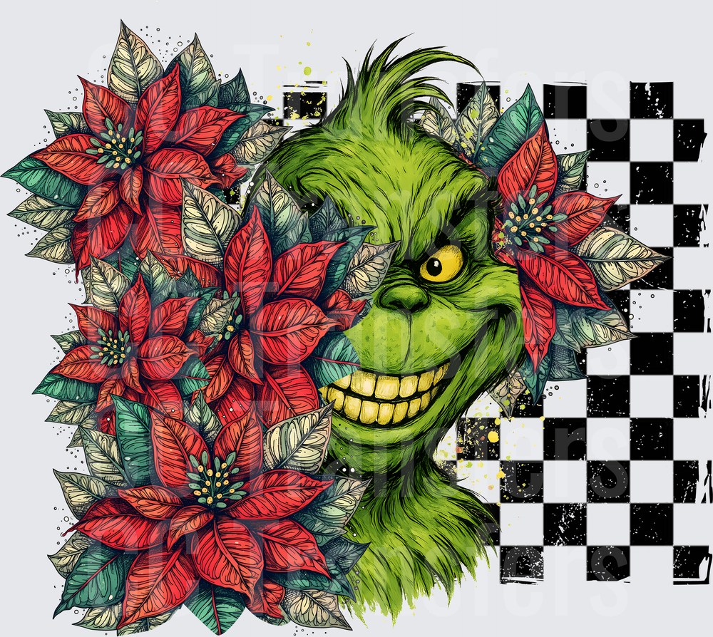 Grinning Green Christmas Character Poinsettia Checkered (DTF)