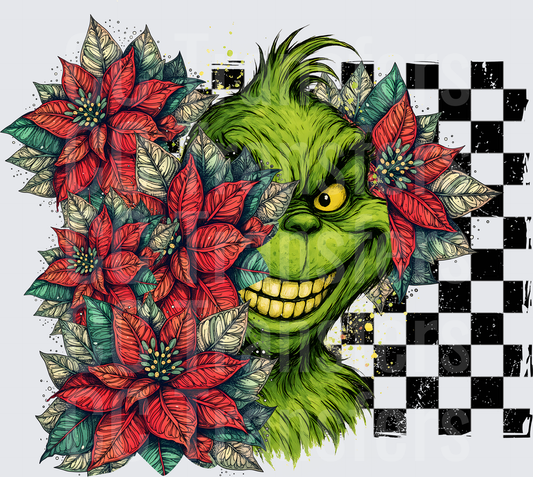 Grinning Green Christmas Character Poinsettia Checkered (DTF)