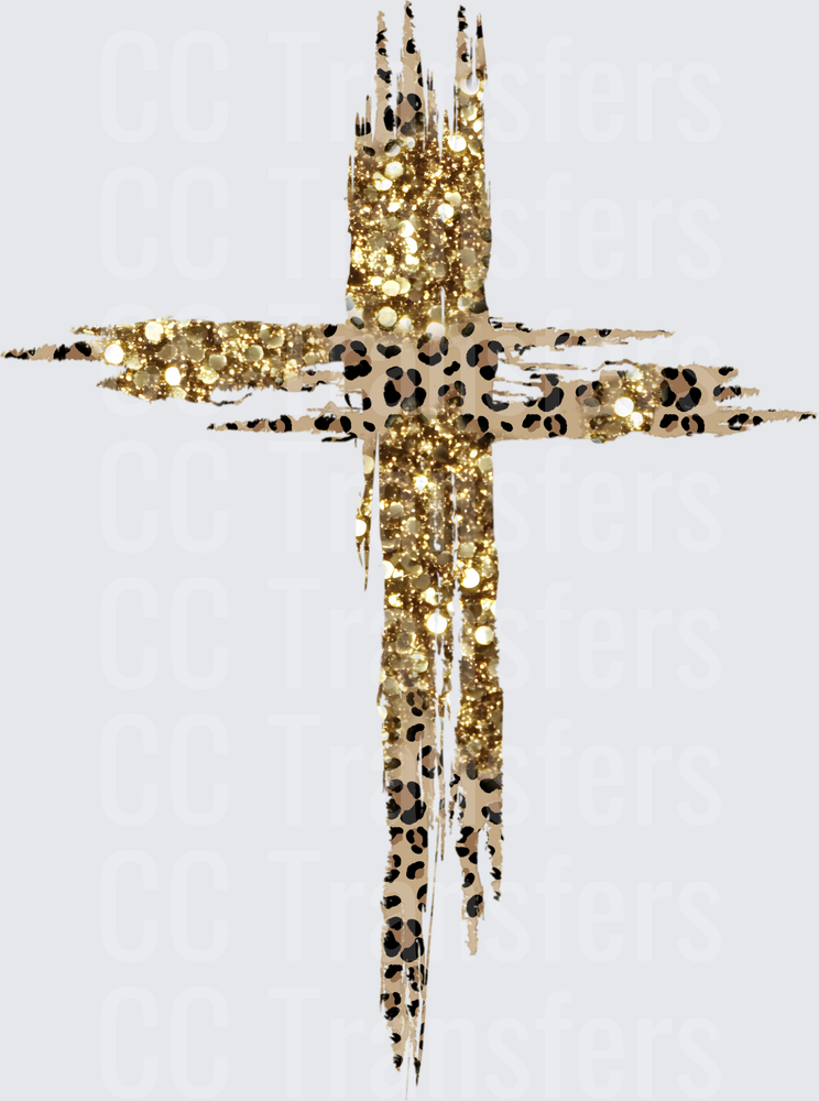 Leopard Print Gold Glitter Brushstroke Cross (DTF)