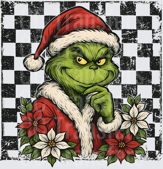 Sneaky Green Christmas Creature Poinsettia Checker (DTF)