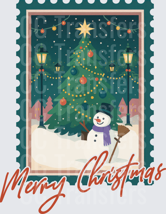 Merry Christmas Vintage Stamp Snowman Holiday Scene (DTF)