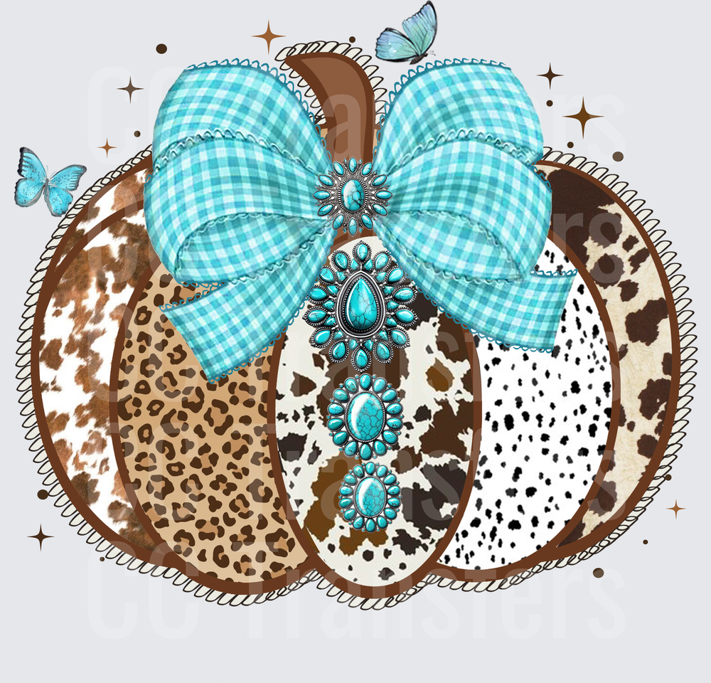 Western Cowhide Leopard Pumpkin Turquoise Bow Jewels (DTF)