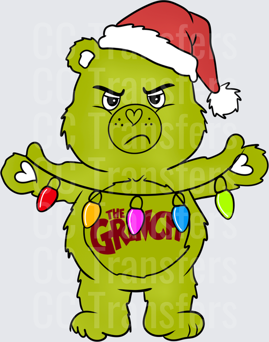 Grumpy Green Bear Santa Hat Christmas Lights Holiday (DTF)