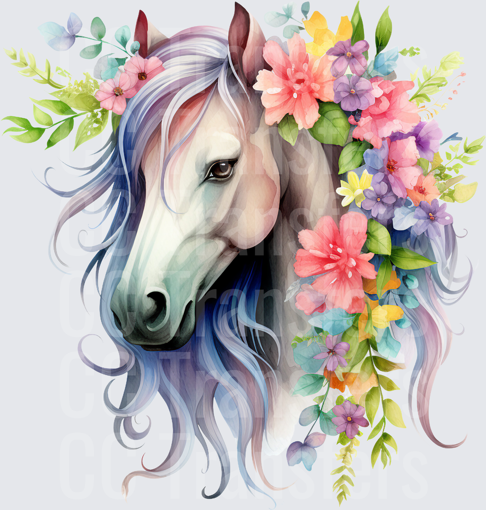 Watercolor Horse with Rainbow Mane and Floral Crown (DTF)