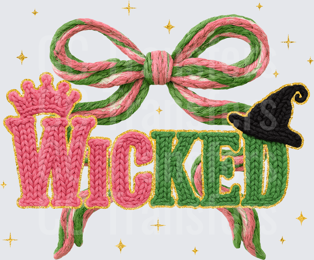 Wicked Knit Letter Design Pink Green Bow Witch Hat (DTF)