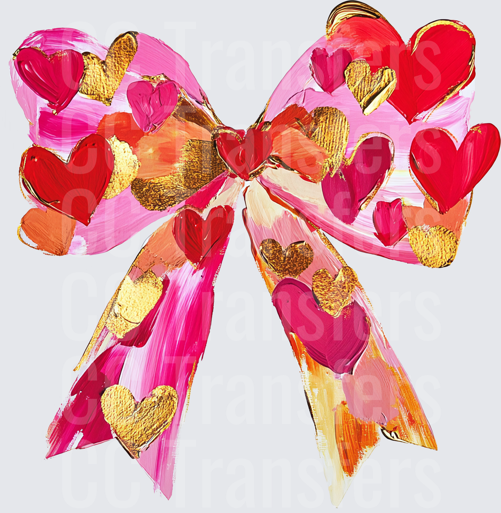 Painted Pink Bow with Red and Gold Hearts (DTF)