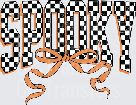 Spooky Black White Checkered Letters Orange Bow (DTF)