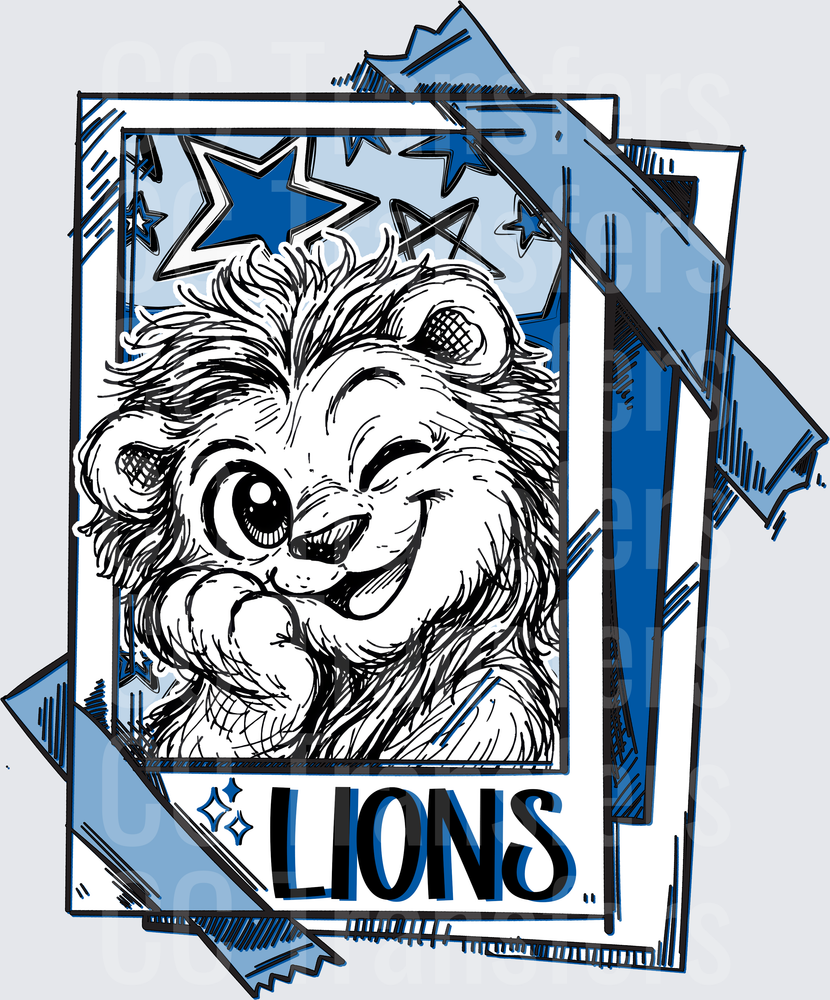 Winking Cartoon Lion Mascot Stars Polaroid Frame Blue (DTF)