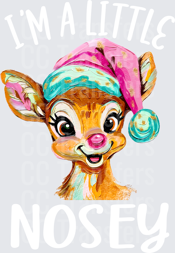 Cute Reindeer Pink Glitter Santa Hat Oil Paint Style (DTF)