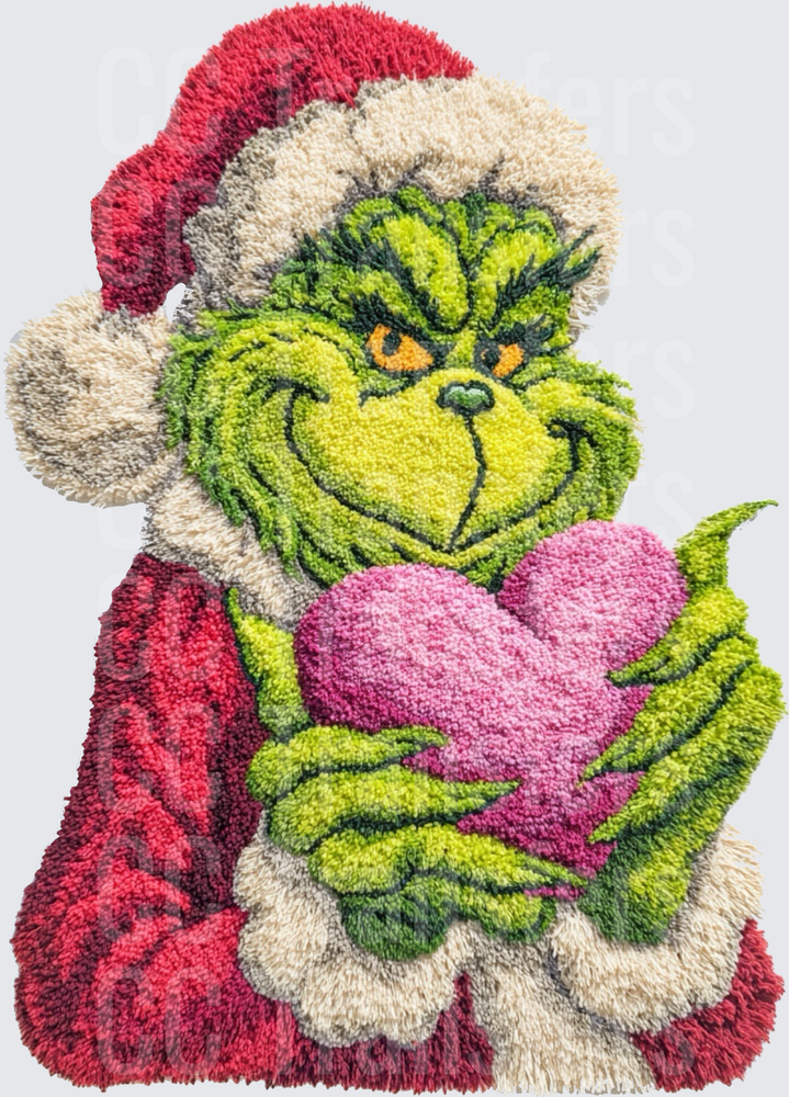 Fuzzy Green Holiday Creature Holding Pink Heart Santa Hat (DTF)