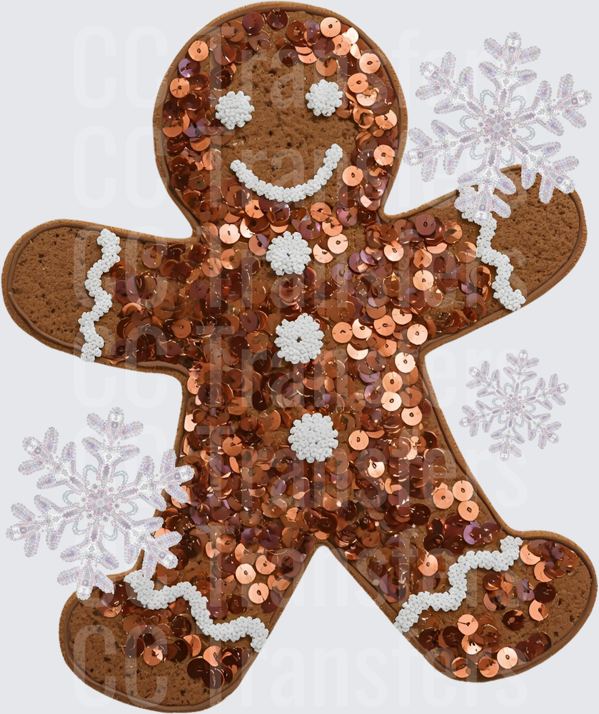 Sequin Gingerbread Man with Iridescent Snowflakes (DTF)