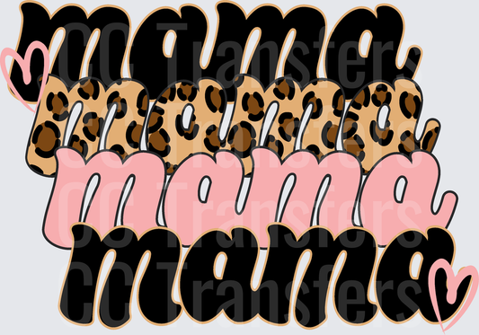 Stacked Mama Leopard Print Pink Hearts Retro Script (DTF)