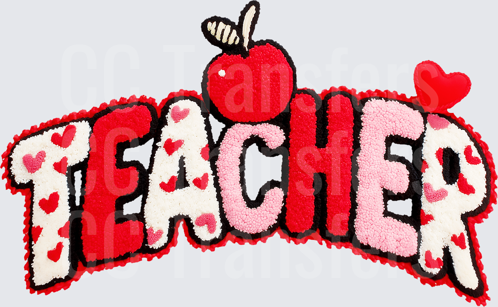 Chenille-Style Teacher Word Art with Apple and Hearts (DTF)