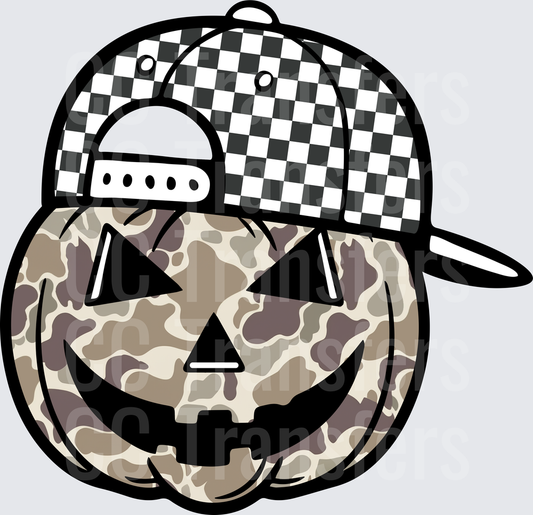 Camo Jack-O-Lantern with Checkered Snapback Hat (DTF)
