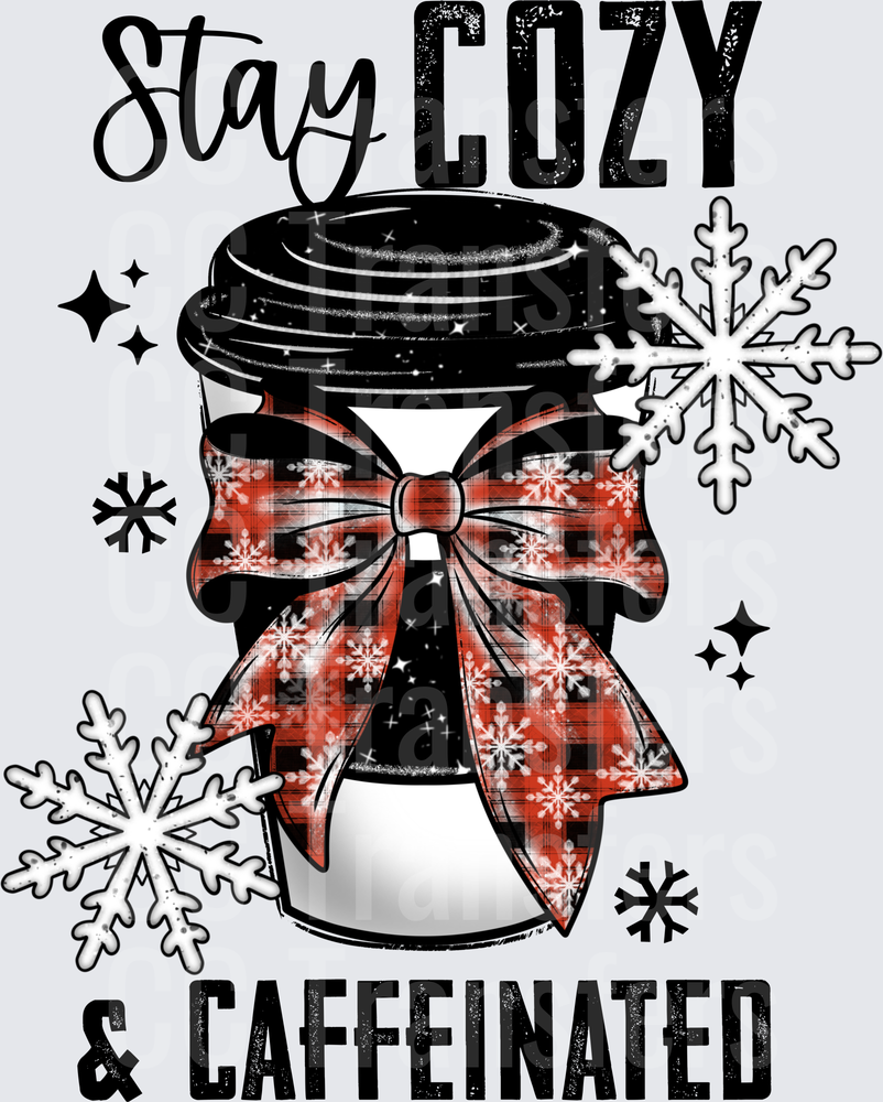 Stay Cozy & Caffeinated Coffee Cup Buffalo Plaid Bow (DTF)