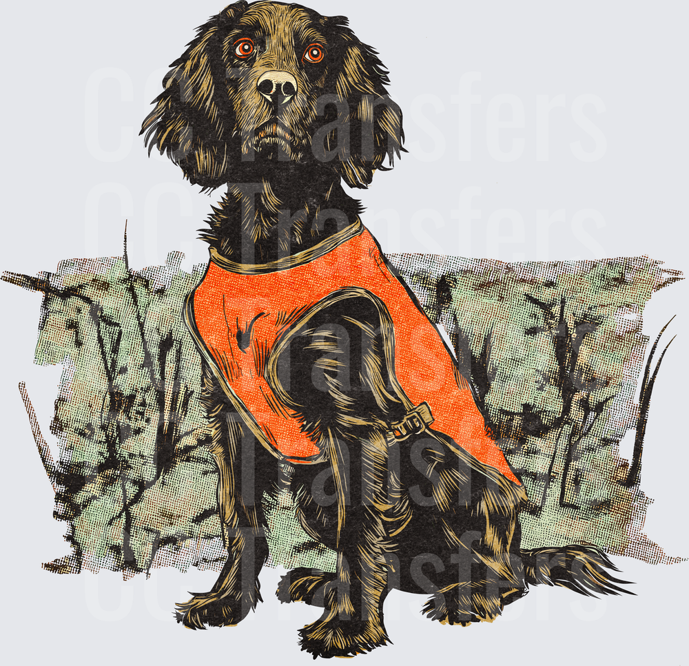 Dark Spaniel Hunting Dog Orange Safety Vest Woodland (DTF)