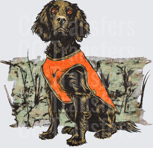 Dark Spaniel Hunting Dog Orange Safety Vest Woodland (DTF)