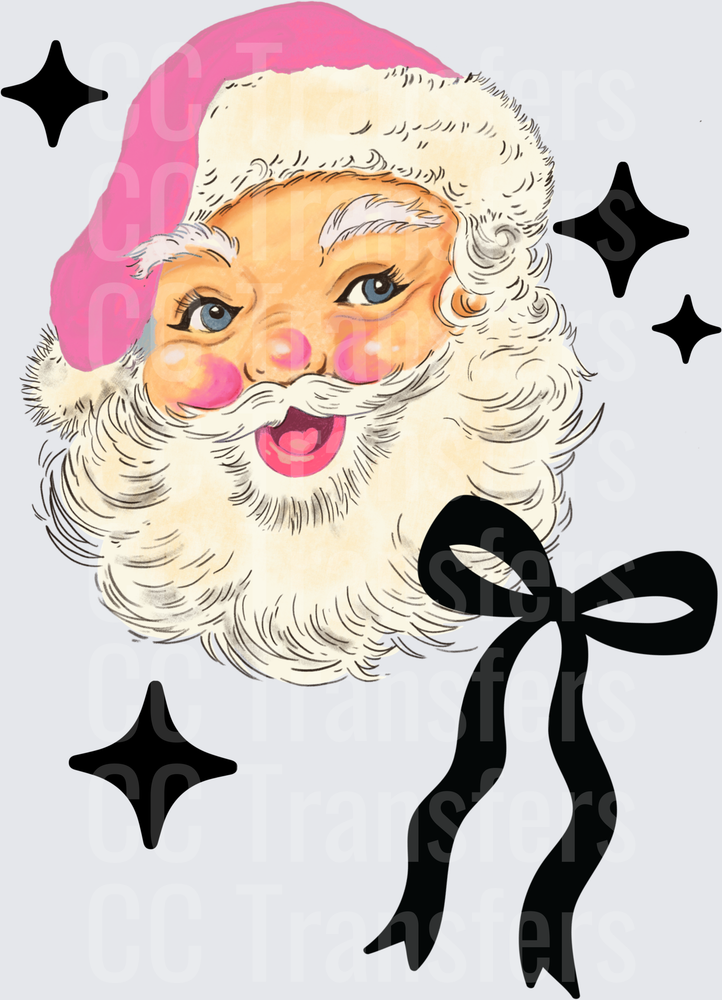 Retro Pink Santa Face Black Bow Sparkles (DTF)